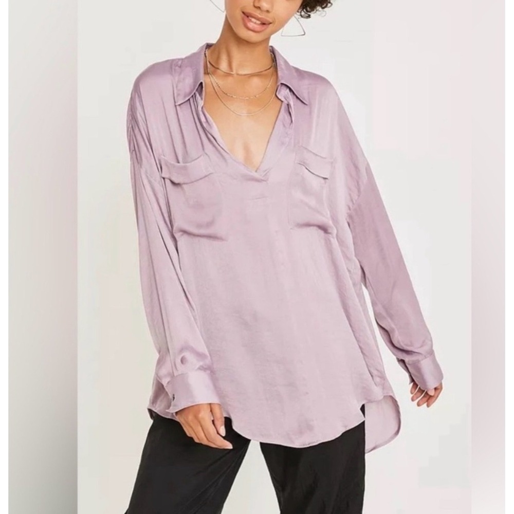 Free People Starry Dreams Oversized V Neck Long Sleeve Tunic Shirt Top Lilac XS